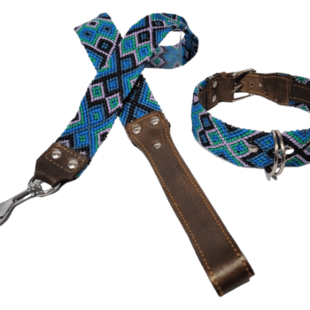 Leash and Collar Set M 20″ Black and Blue